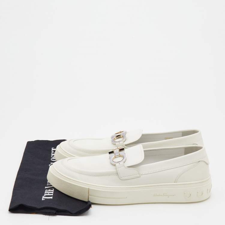 Pre Owned Salvatore Ferragamo White Leather Gancini Slip On Sneakers Size 44.5