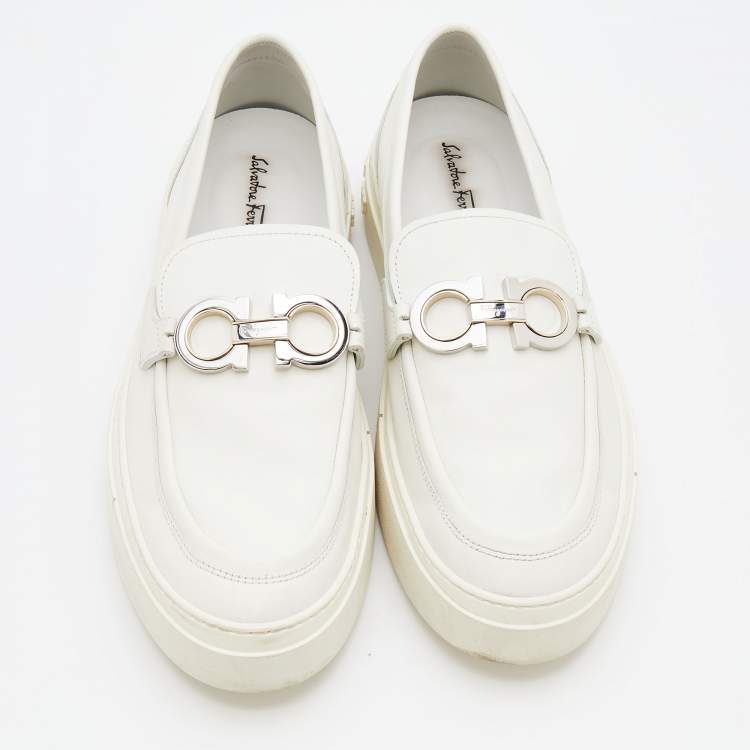Pre Owned Salvatore Ferragamo White Leather Gancini Slip On Sneakers Size 44.5