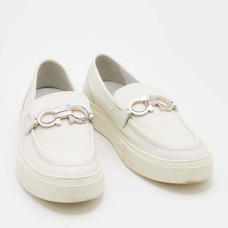 Pre Owned Salvatore Ferragamo White Leather Gancini Slip On Sneakers Size 44.5
