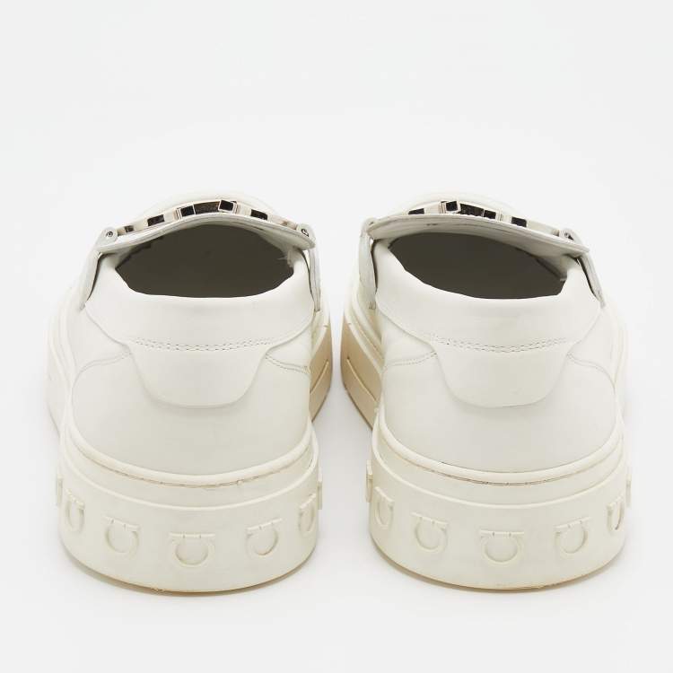Pre Owned Salvatore Ferragamo White Leather Gancini Slip On Sneakers Size 44.5