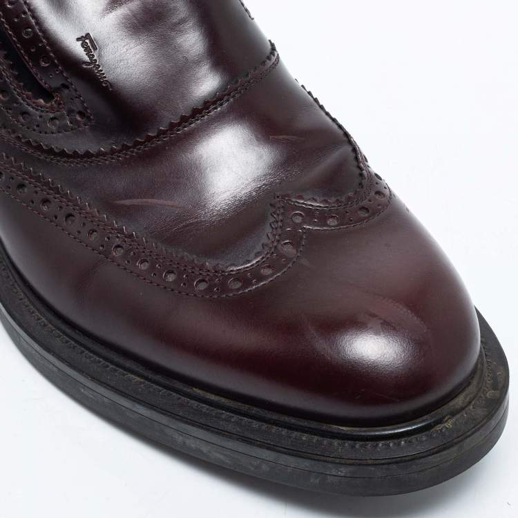 Pre Owned Salvatore Ferragamo Burgundy Brogue Leather Dowling Barolo Slip-On Loafers Size 41.5