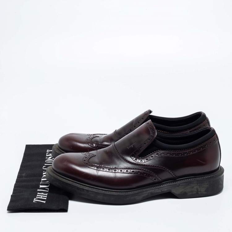Pre Owned Salvatore Ferragamo Burgundy Brogue Leather Dowling Barolo Slip-On Loafers Size 41.5