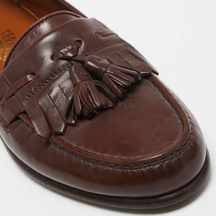 Pre Owned Salvatore Ferragamo Brown Leather Tassel Fringe Loafers Size 43.5