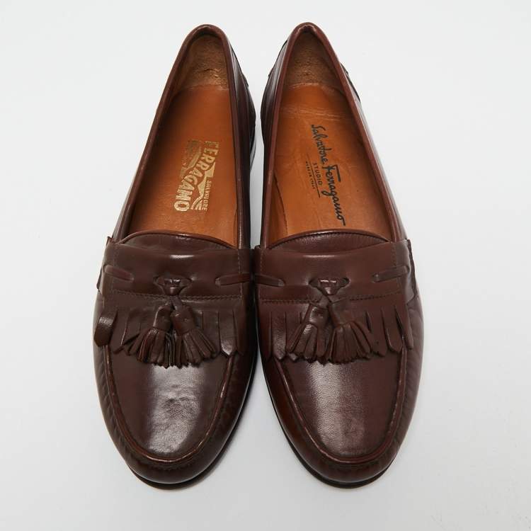 Pre Owned Salvatore Ferragamo Brown Leather Tassel Fringe Loafers Size 43.5