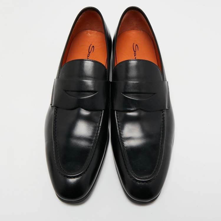 Pre Owned Santoni Black Leather Penny Slip On Loafers Size 43