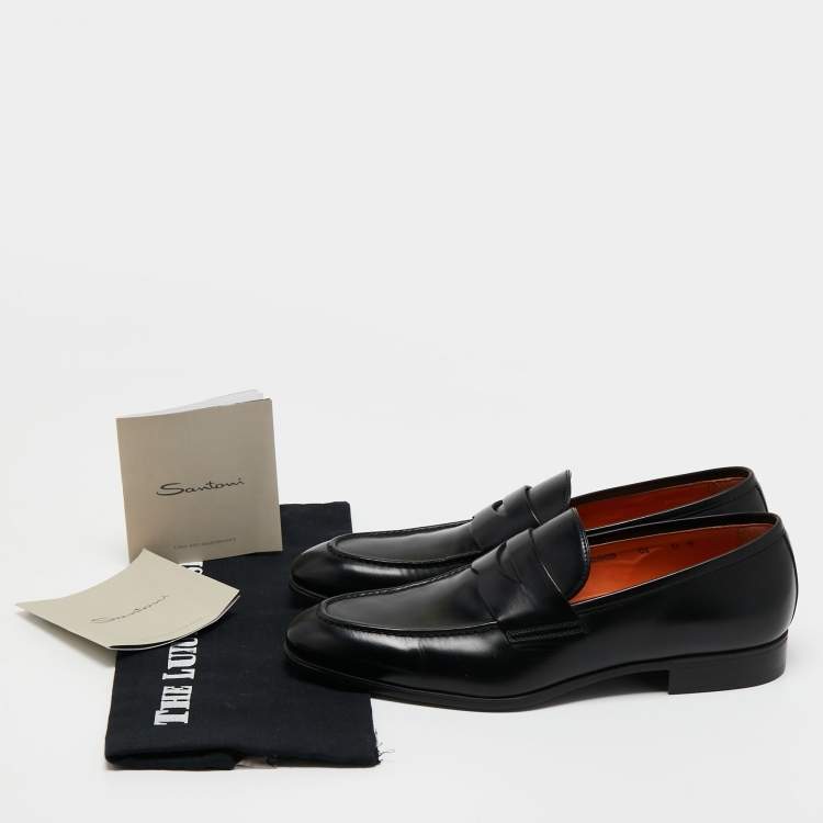 Pre Owned Santoni Black Leather Penny Slip On Loafers Size 43