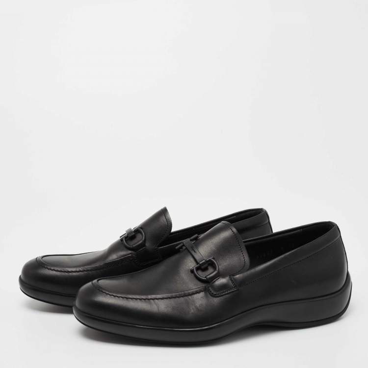 Pre Owned Salvatore Ferragamo Black Leather Logo Slip On Loafers Size 40