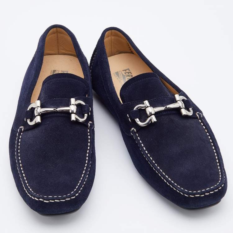 Pre Owned Salvatore Ferragamo Navy Blue Suede Gancini Slip On Loafers Size 41.5