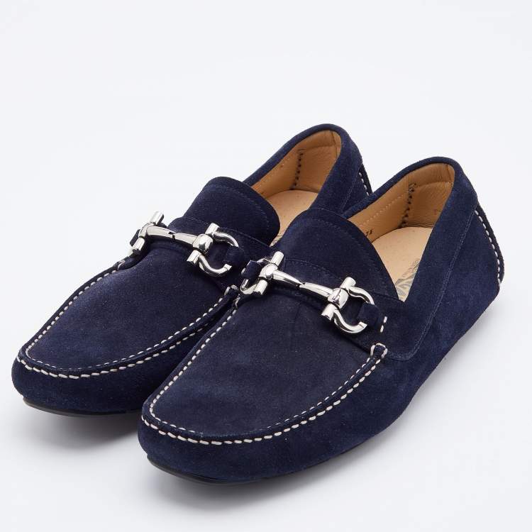 Pre Owned Salvatore Ferragamo Navy Blue Suede Gancini Slip On Loafers Size 41.5