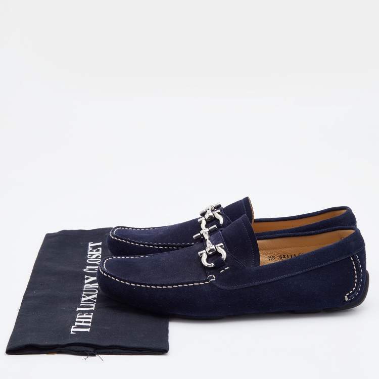 Pre Owned Salvatore Ferragamo Navy Blue Suede Gancini Slip On Loafers Size 41.5