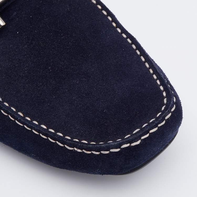Pre Owned Salvatore Ferragamo Navy Blue Suede Gancini Slip On Loafers Size 41.5