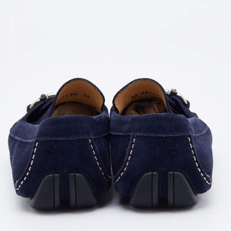 Pre Owned Salvatore Ferragamo Navy Blue Suede Gancini Slip On Loafers Size 41.5