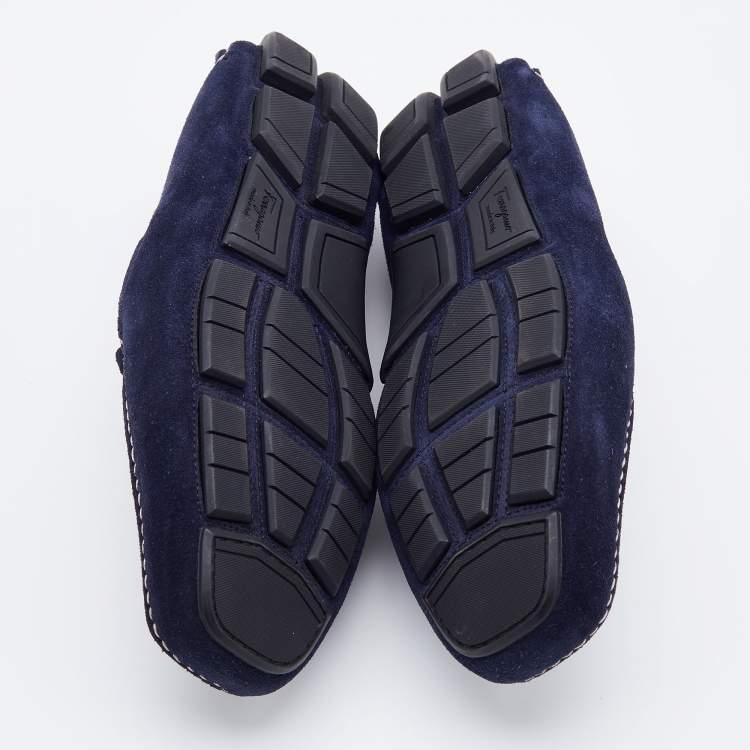 Pre Owned Salvatore Ferragamo Navy Blue Suede Gancini Slip On Loafers Size 41.5