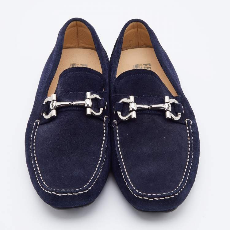 Pre Owned Salvatore Ferragamo Navy Blue Suede Gancini Slip On Loafers Size 41.5