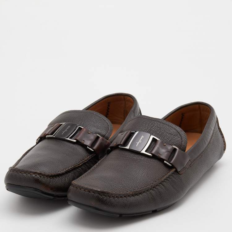 Pre Owned Salvatore Ferragamo Dark Brown Leather Sardgena Slip On Loafers Size 44