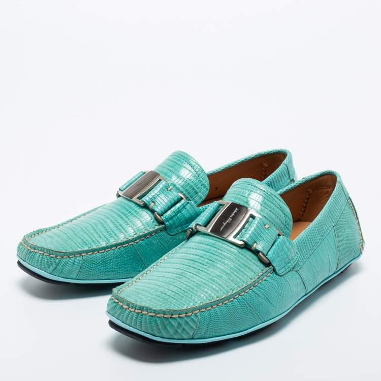 Pre Owned Salvatore Ferragamo Green Lizard Leather Sardegna Loafers Size 41