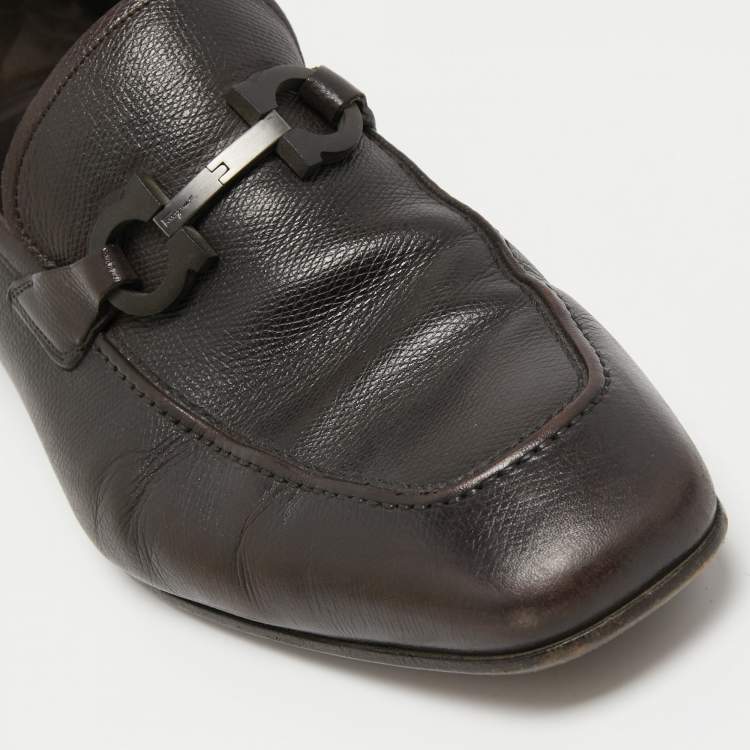 Pre Owned Salvatore Ferragamo Dark Brown Leather Gancini Bit Loafers Size 44.5