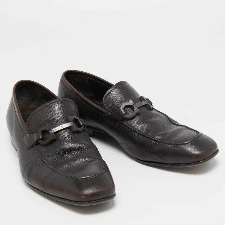 Pre Owned Salvatore Ferragamo Dark Brown Leather Gancini Bit Loafers Size 44.5