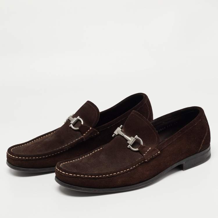 Pre Owned Salvatore Ferragamo Dark Brown Suede Gancini Loafers Size 45