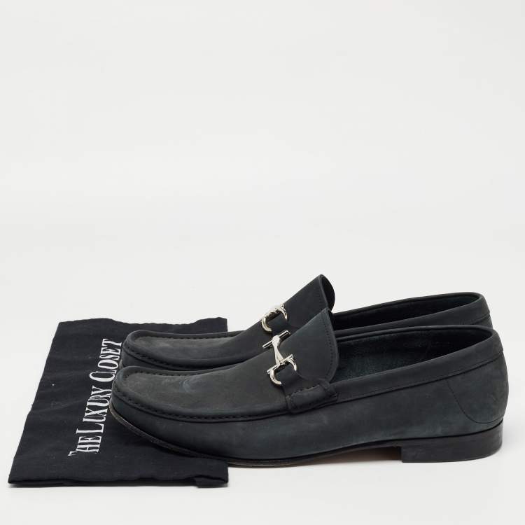 Pre Owned Salvatore Ferragamo Dark Grey Nubuck Leather Gancini Loafers Size 44.5
