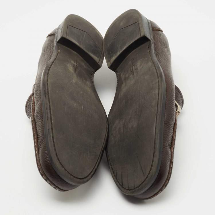 Pre Owned Salvatore Ferragamo Dark Brown Leather Gancini Loafers Size 44.5