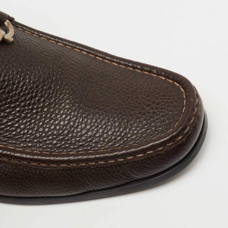 Pre Owned Salvatore Ferragamo Dark Brown Leather Gancini Loafers Size 44.5