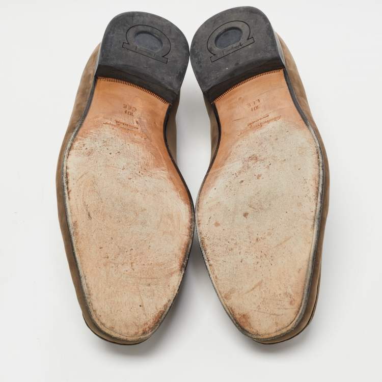 Pre Owned Salvatore Ferragamo  Grey Nubuck Leather Gancini Slip On Loafers Size 44.5
