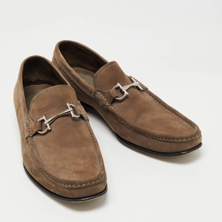 Pre Owned Salvatore Ferragamo  Grey Nubuck Leather Gancini Slip On Loafers Size 44.5