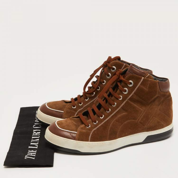 Pre Owned Salvatore Ferragamo Brown Leather and Suede High Top Sneakers Size 43
