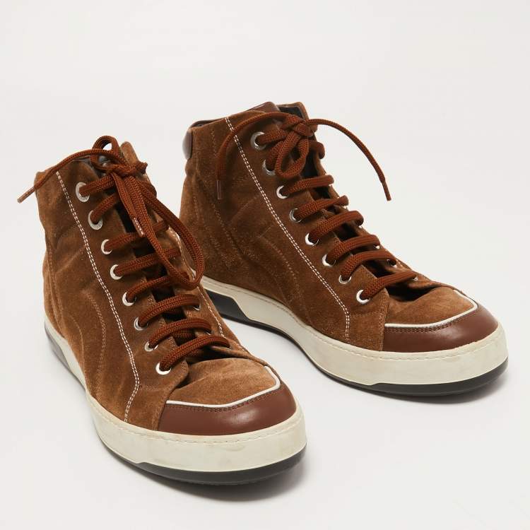 Pre Owned Salvatore Ferragamo Brown Leather and Suede High Top Sneakers Size 43