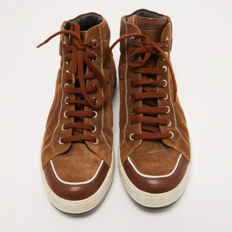Pre Owned Salvatore Ferragamo Brown Leather and Suede High Top Sneakers Size 43