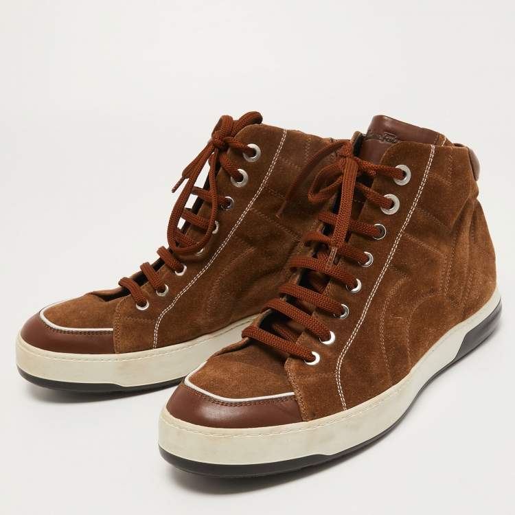 Pre Owned Salvatore Ferragamo Brown Leather and Suede High Top Sneakers Size 43