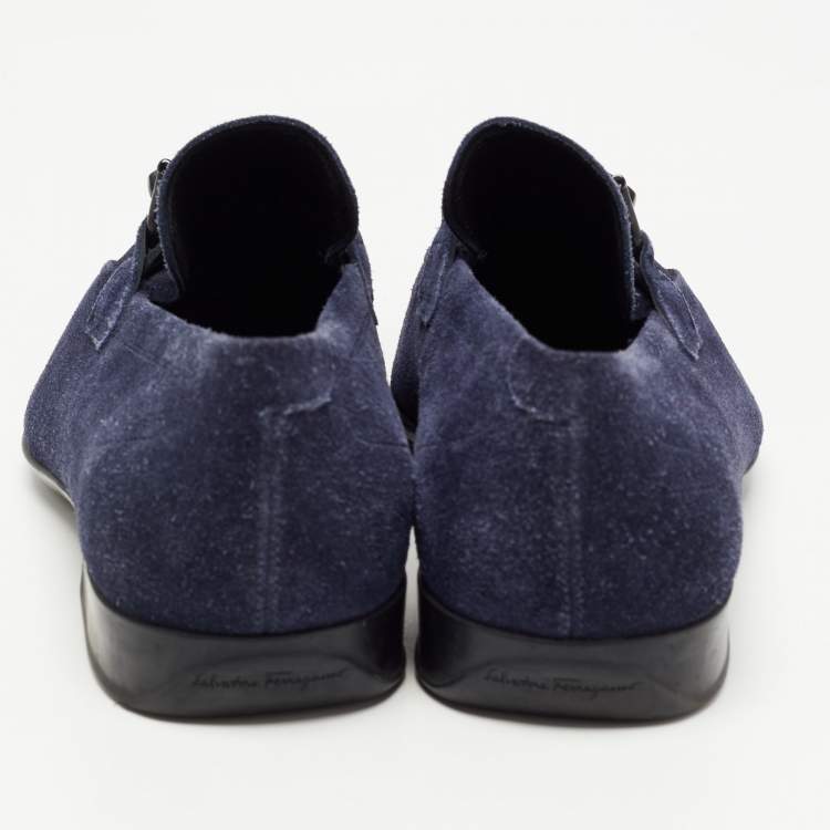 مملوكة مسبقًا Salvatore Ferragamo Navy Blue Suede Gancini Loafers Size 42.5