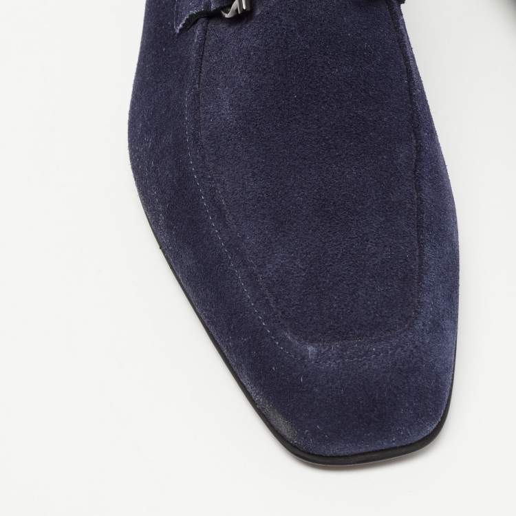 مملوكة مسبقًا Salvatore Ferragamo Navy Blue Suede Gancini Loafers Size 42.5