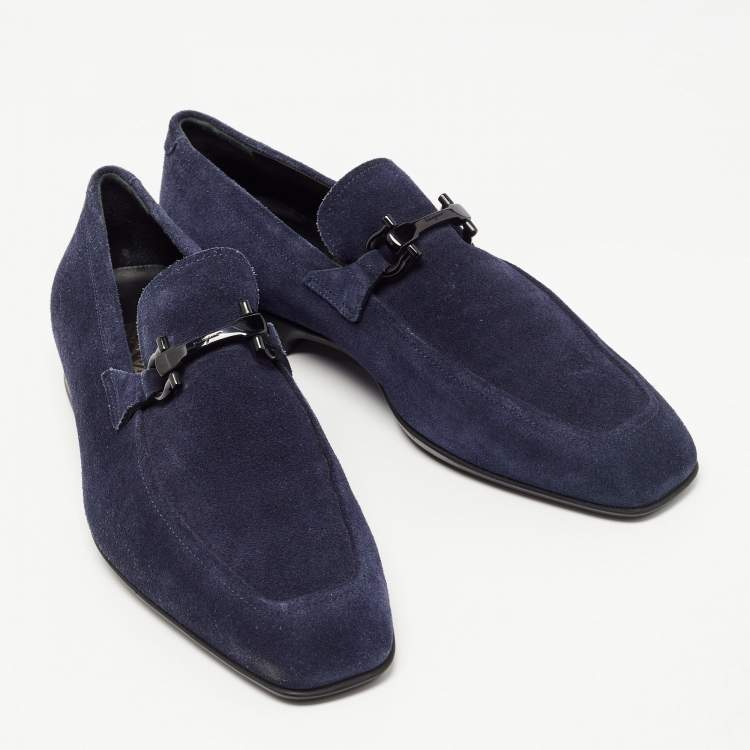 مملوكة مسبقًا Salvatore Ferragamo Navy Blue Suede Gancini Loafers Size 42.5