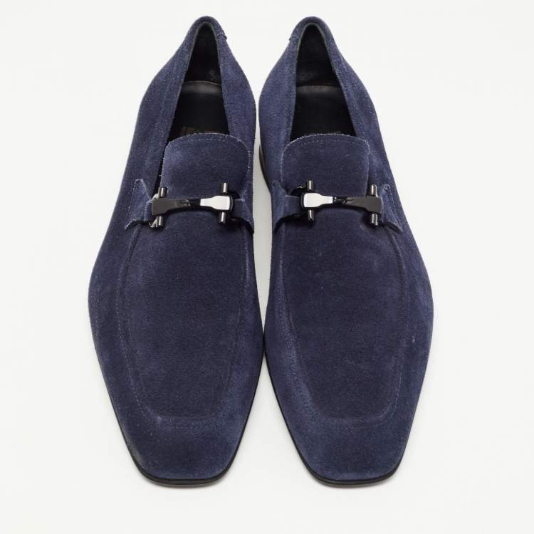 مملوكة مسبقًا Salvatore Ferragamo Navy Blue Suede Gancini Loafers Size 42.5