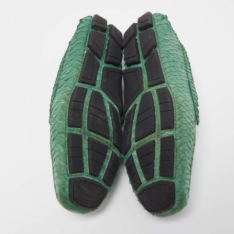 Pre Owned Salvatore Ferragamo Green Python Leather Mason Horsebit Slip On Loafers Size 40.5