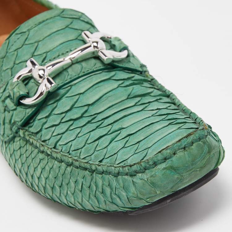 Pre Owned Salvatore Ferragamo Green Python Leather Mason Horsebit Slip On Loafers Size 40.5