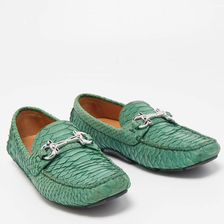 Pre Owned Salvatore Ferragamo Green Python Leather Mason Horsebit Slip On Loafers Size 40.5