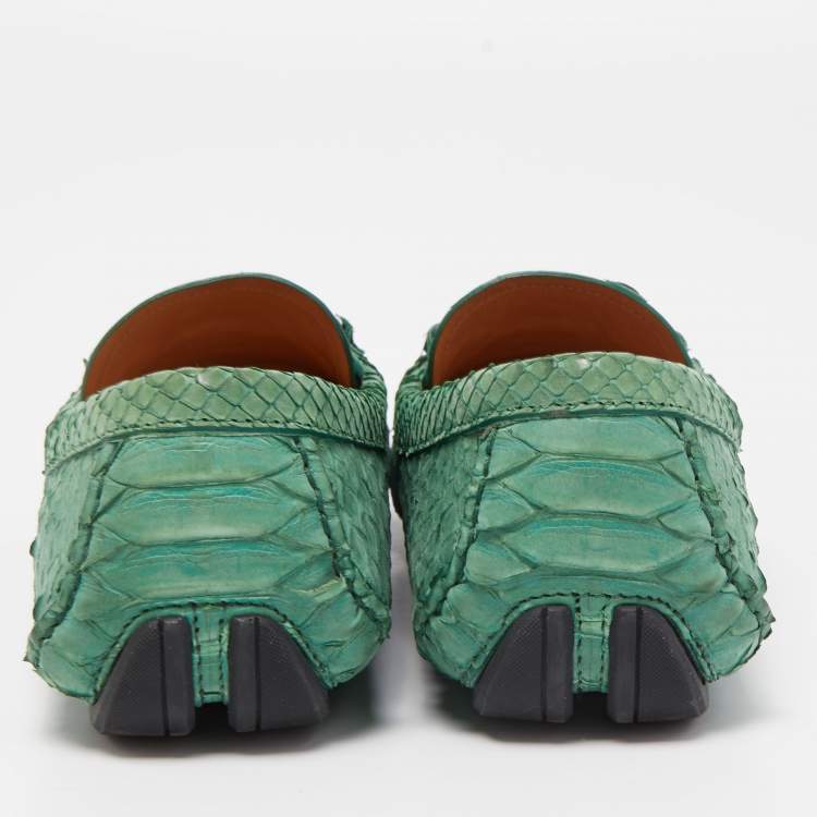 Pre Owned Salvatore Ferragamo Green Python Leather Mason Horsebit Slip On Loafers Size 40.5