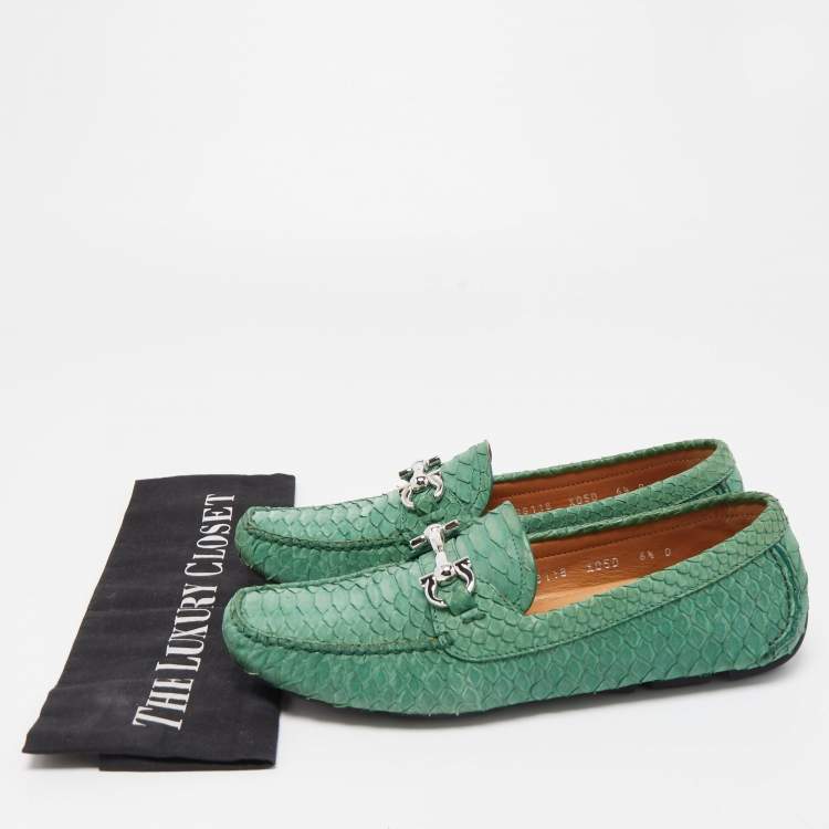 Pre Owned Salvatore Ferragamo Green Python Leather Mason Horsebit Slip On Loafers Size 40.5