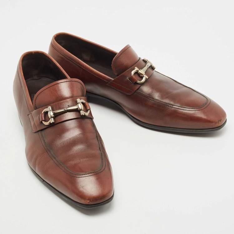 Pre Owned Salvatore Ferragamo Brown Leather Gancini Bit Slip On Loafers Size 42.5