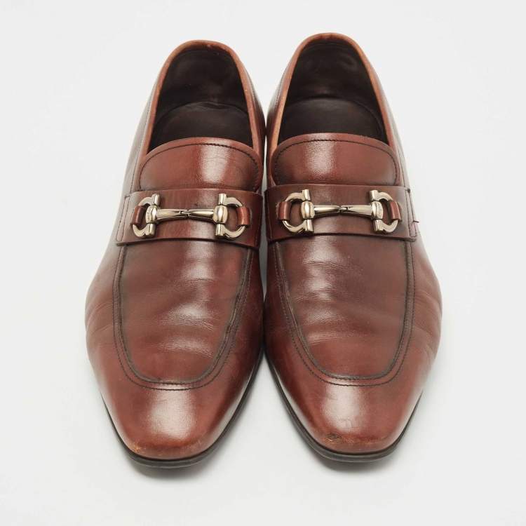 Pre Owned Salvatore Ferragamo Brown Leather Gancini Bit Slip On Loafers Size 42.5