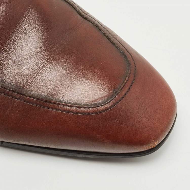 Pre Owned Salvatore Ferragamo Brown Leather Gancini Bit Slip On Loafers Size 42.5