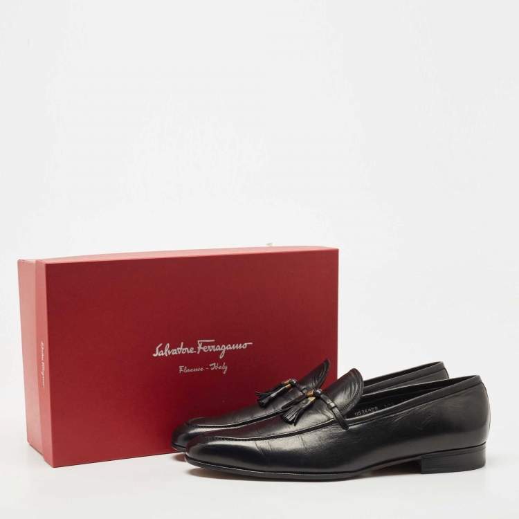Pre Owned Salvatore Ferragamo Black Leather Tassel Slip On Loafers Size 44