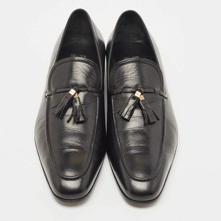 Pre Owned Salvatore Ferragamo Black Leather Tassel Slip On Loafers Size 44