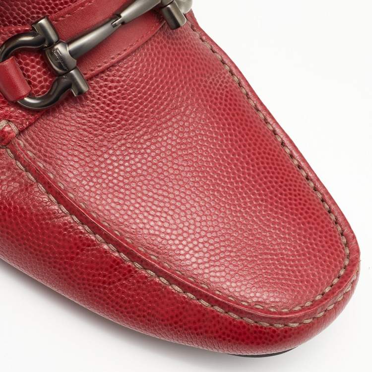 Pre Owned Salvatore Ferragamo Red Textured Leather Gancini Loafers Size 41