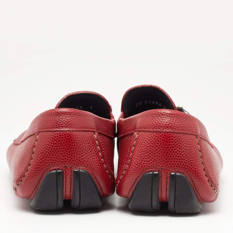 Pre Owned Salvatore Ferragamo Red Textured Leather Gancini Loafers Size 41