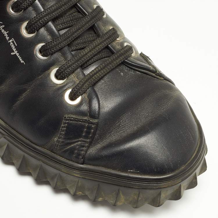 Pre Owned Salvatore Ferragamo Black Leather Low Top Sneakers Size 41.5 