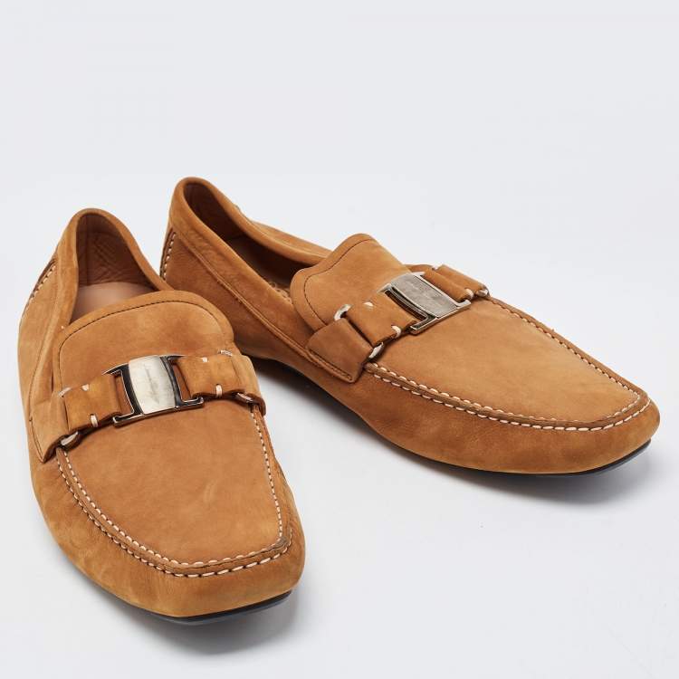 Pre Owned Salvatore Ferragamo Brown Nubuck Leather Slip On Loafers Size 45.5